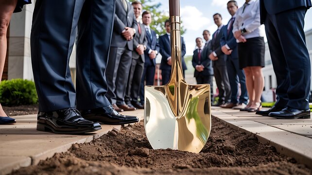 Groundbreaking ceremony with business professionals and golden shovel celebrating new construction project launch