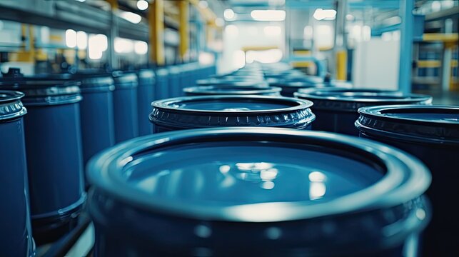 Blue industrial drums are moving along a production line, filling with liquid, representing chemical manufacturing, storage, and distribution processes in a modern factory setting
