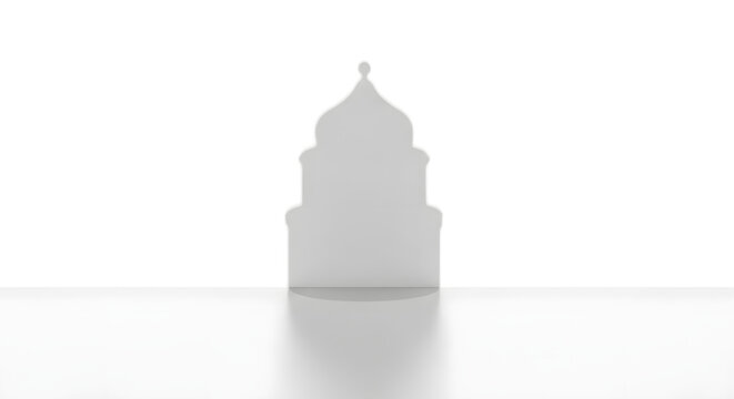 Gray architectural model of a building with a domed roof on a white surface and background