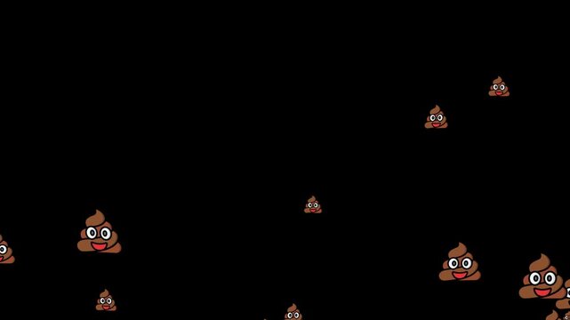 Various Poop Emoji Icon Bubble Particles Floating on Black Background. Dynamic Poop Emoji Particle Effect. Dynamic Poop Emoji Bubble Effect with Random Floating Particles. 