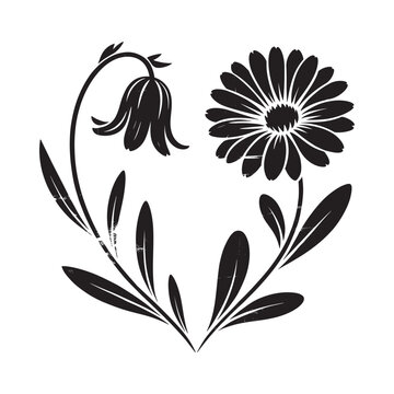 Stylized black and white illustration of a drooping flower and daisy