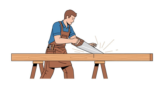 Carpenter cutting wood with a hand saw on sawhorses, woodworking, DIY, craft