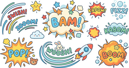 Comic-style sound effect stickers, cartoon action words, playful icons, dynamic expressions, energetic illustration pack © MSTSUFIA