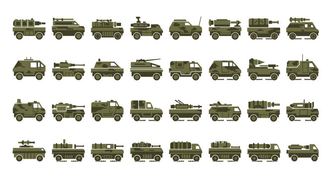 Pixel Art Military Vehicles Collection: Tanks, Trucks, APCs, and More