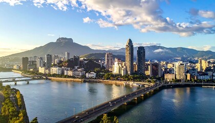 Obraz premium Skyline view of a dense city scape with river, bridges, high rises, and rolling hills under a bright, cloudy sky