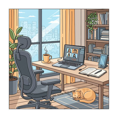 Fototapeta premium Cozy Home Office with Cat, Video Call, and City View