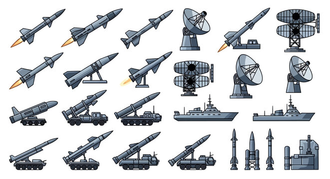 Pixel Art Military Missile Systems and Radar Technology Vector Icons