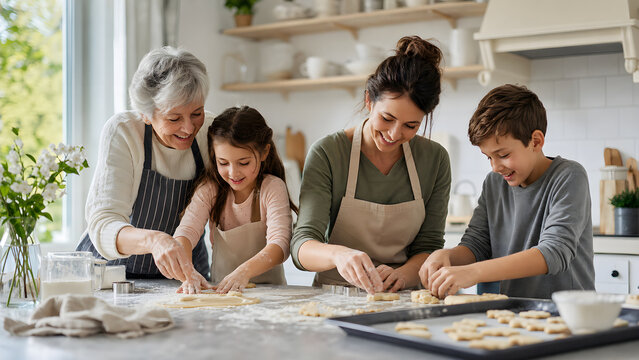 Three generations baking together in a bright home kitchen