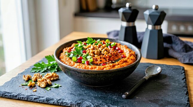 Chickpea Hummus With Fresh Herbs and Pomegranate Kernels in Modern Kitchen Setting Hummus Chickpea Pomegranate