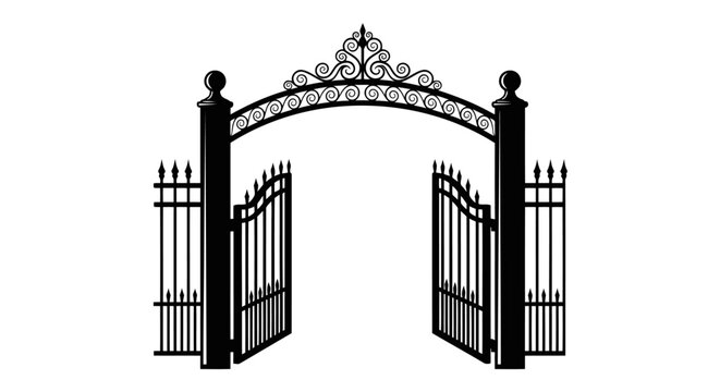 A black and white image of an open gate