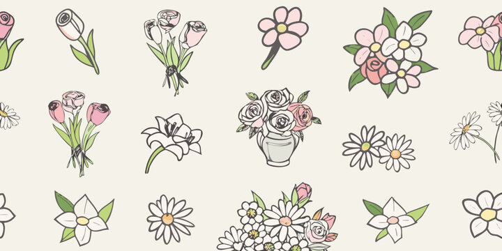 Floral illustration pattern with sketched flowers and bouquets