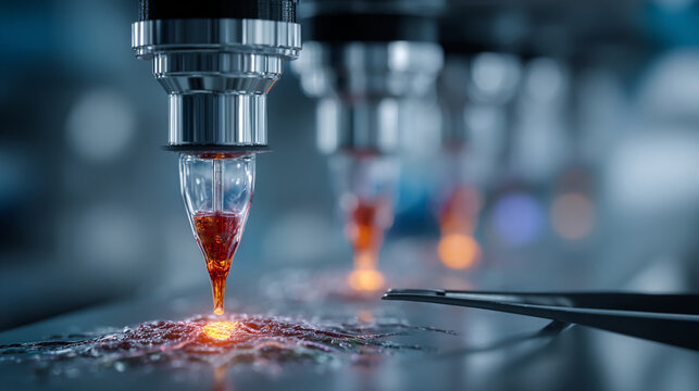 Industrial 3D printing technology creating complex metal parts using laser sintering or selective laser melting for rapid prototyping and manufacturing in aerospace or automotive industries for