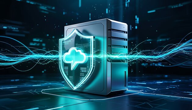 Cybersecurity concept featuring a server protected by a glowing shield with a cloud icon digital network