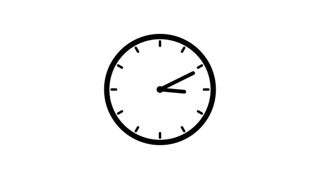 Simple animated wall clock icon with black border and spinning hands on white background, time management concept.