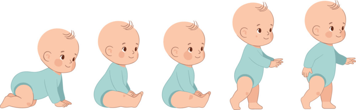 &ldquo;Cartoon baby in light blue onesie showing stages of growth from crawling to walking early childhood development illustration&rdquo;