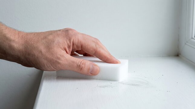 Close-up of hand using a white melamine sponge to clean a white surface, household cleaning and stain removal concept
