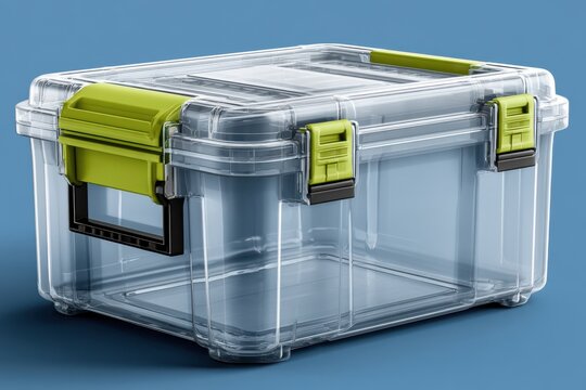Transparent plastic storage box with green and black latches, designed for secure organization and easy carrying.