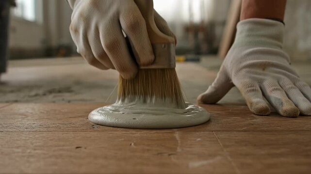 Hand Using Brush To Apply Adhesive Grout On Wooden Interior Floor Surface