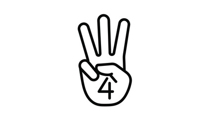 Fototapeta premium Black and white line art icon showing a hand with three fingers raised and the number four written on the palm.