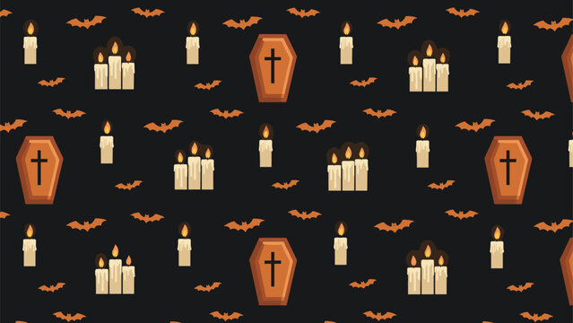 Halloween seamless pattern features pixel art coffins, lit candles, and flying bats on a dark black background for holiday decor.