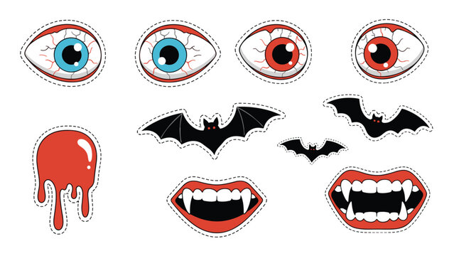 Set of Halloween themed stickers featuring bloodshot eyeballs, black bats, fangs, and a drop of dripping red blood for spooky fun.