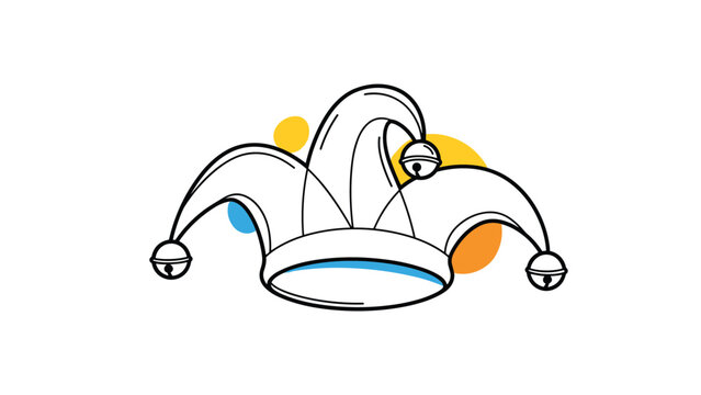 Classic jester hat with three points and bells is illustrated with playful colored circles in the background for entertainment.