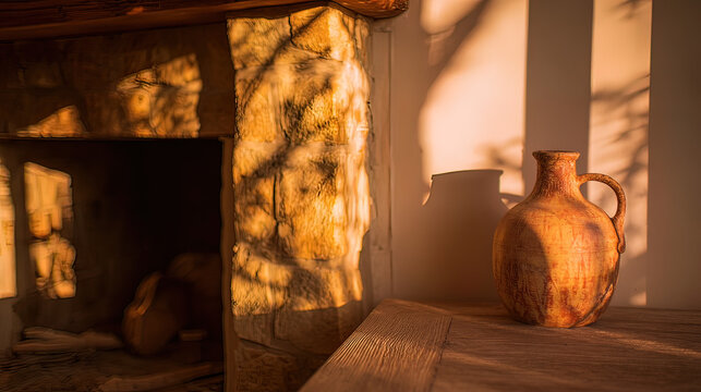 flagon. Antique flagon on wooden table near stone fireplace in rustic interior. lifestyle magazines, social media lookbooks, designed for influencer and brand collaborations.