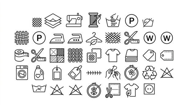 Textile and garment care line icons set. Tailoring, sewing tools, laundry instructions, and fabric material symbols for fashion industry and apparel design