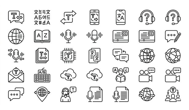 Language translation and global communication line icons set. Voice recognition, multi-language support, automated subtitle, and speech-to-text vector symbols for technology and education
