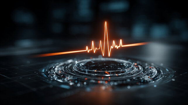 Digital ECG heartbeat waveform on a futuristic circuit board interface for medical diagnostics and health monitoring systems for improved patient outcomes