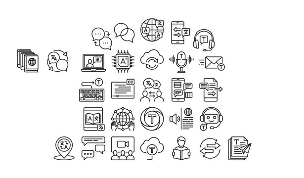 Global translation and AI language technology line icon set. Multilingual communication, speech recognition, online interpreter, and digital linguistics vector symbols. Minimalist collection for globa