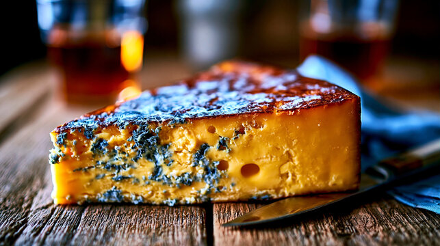 Wedge of artisanal blue cheese on rustic wooden board with gorgonzola roquefort appetizer