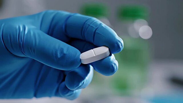 Hand in blue glove holding white medical pill.