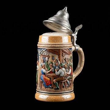 Traditional German Beer Stein: A heavy ceramic German beer stein with a pewter lid and embossed Bavarian tavern scene, condensation droplets, realistic glaze, black background, 1:1 ratio