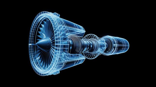Cutaway illustration of a modern turbofan jet engine with blue technical blueprint style on black background
