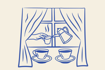 Obraz premium Coffee pouring scene with window view blue line drawing