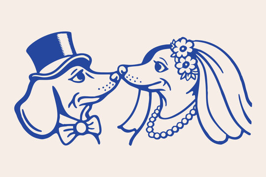 dachshund wedding couple blue line art illustration on beige