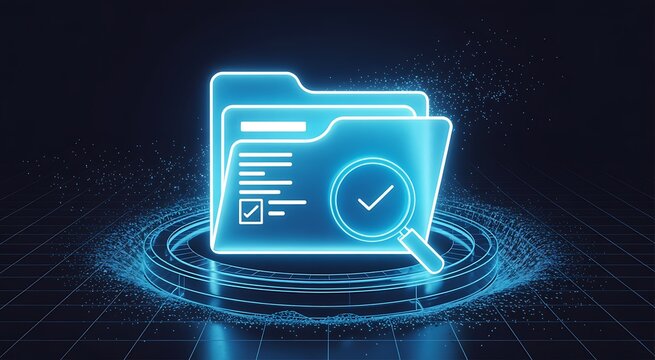 Data verification concept with glowing folders and magnifying glass on digital network background