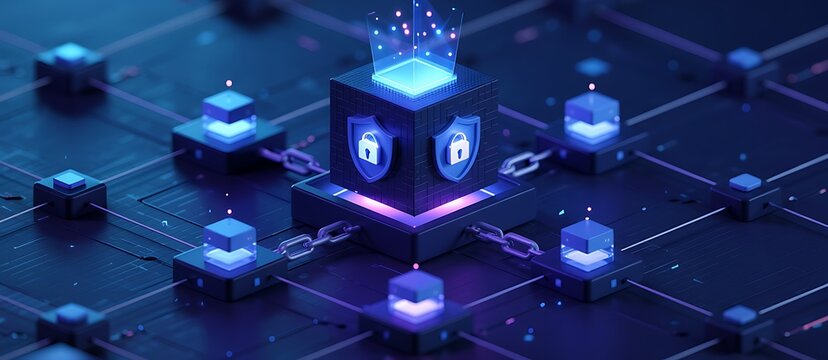 Secure blockchain network with data encryption and digital shields futuristic cyber security concept