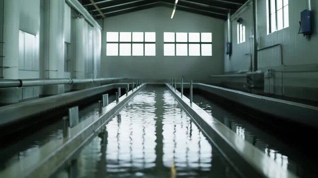 Water flowing through an industrial channel inside a facility, highlighting the essential stages of filtration and processing for public consumption and clean energy production
