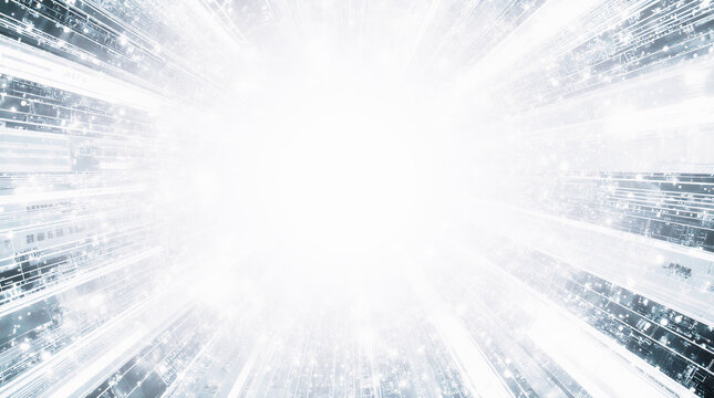 Abstract futuristic technology background with glowing white center, digital data lines and cyber network effects. Ideal for AI, cloud computing and innovation themes.