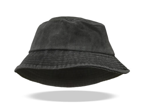 A dark black bucket hat floats against a white background.