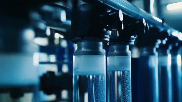 Water filtering system processing and purifying liquid in a modern industrial facility, illustrating clean technology and advanced filtration processes for pristine quality