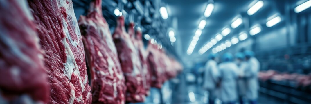 Cold processing room with rows of hanging beef sides