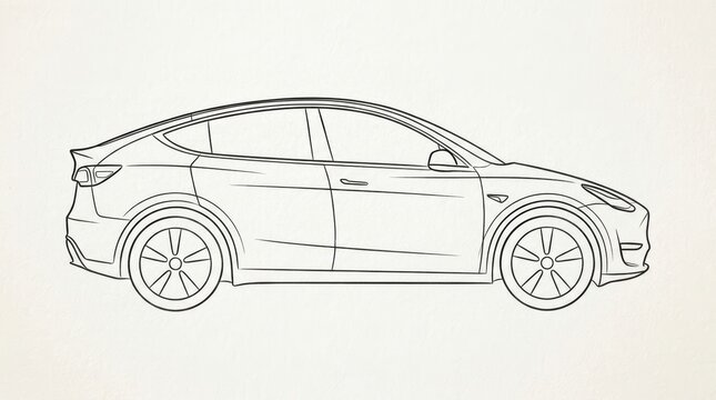 Minimalist electric car line drawing, modern SUV crossover profile sketch, sleek automotive contour illustration on white background