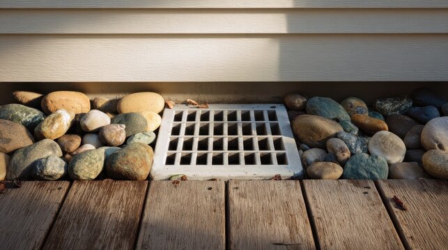Drain grate integrated into a landscape with decorative stones next to a wooden deck and siding