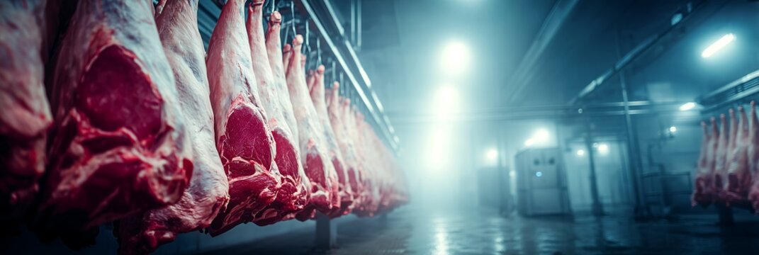 Hanging beef carcasses in modern meat processing plant with blurred workers and reflective factory floor