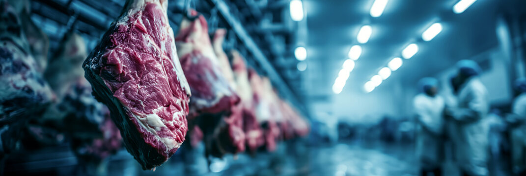 Meat production plant with hanging beef carcasses, overhead conveyor system, and workers in background