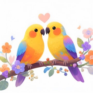 Cute colorful lovebirds kissing on branch with flowers on white background