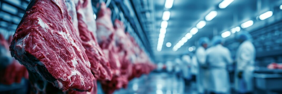 Beef production line inside meat processing factory with hanging carcasses and workers in white uniforms